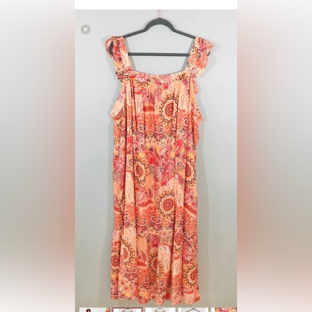 Knox Rose 2X Orange Floral Sleeveless Square Neck Tiered Romantic Maxi Dress